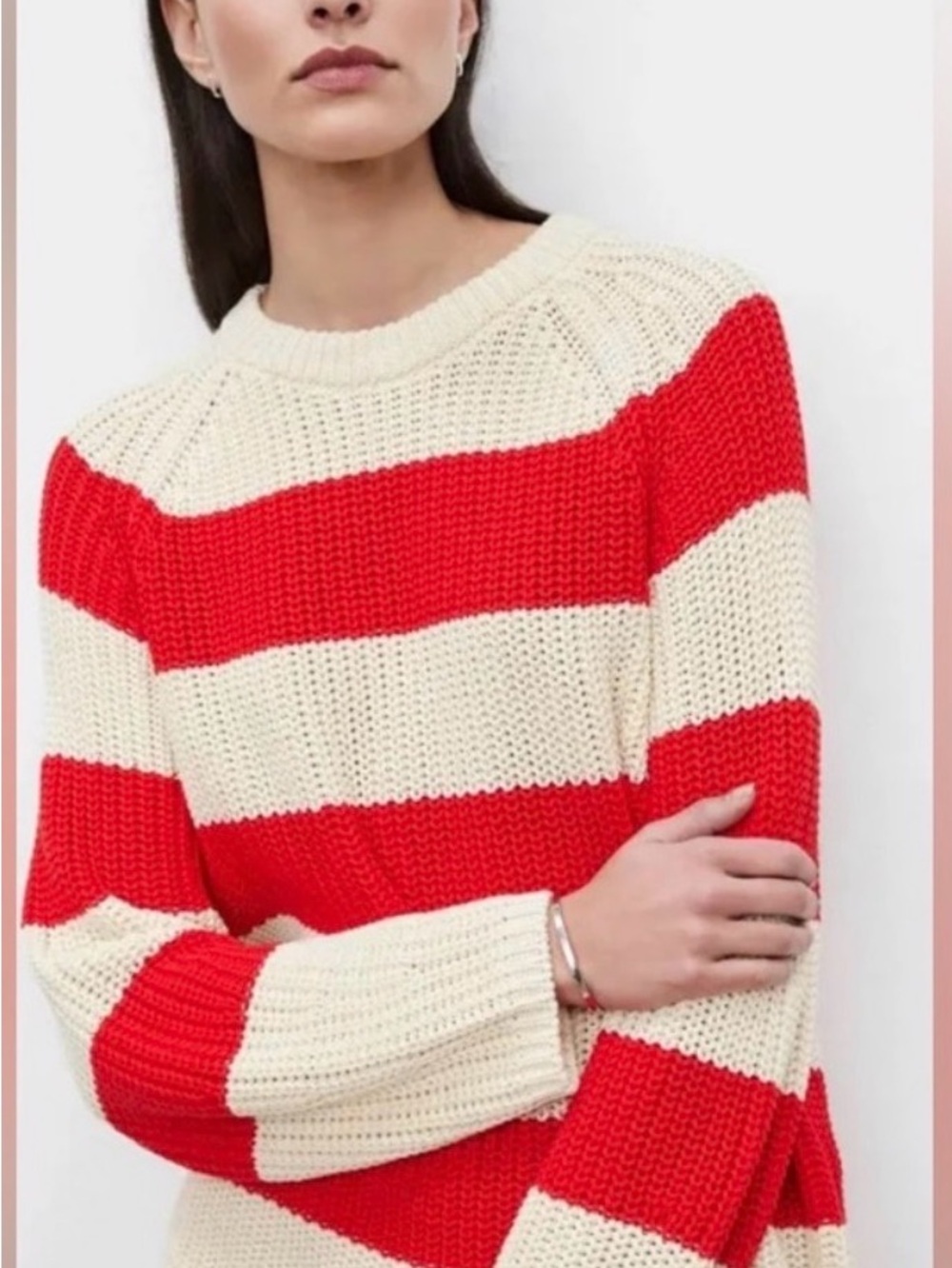 Velvet by Graham & Spencer size M red ivory stripes cozy sweater - Picture 3 of 7
